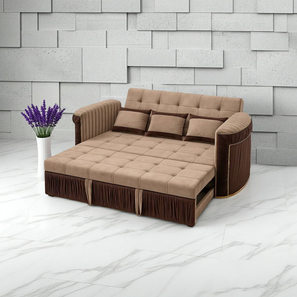 Premium Velvet Sofa Cum Bed – Space-Saving Convertible 3-Seater with Modern Piping Design