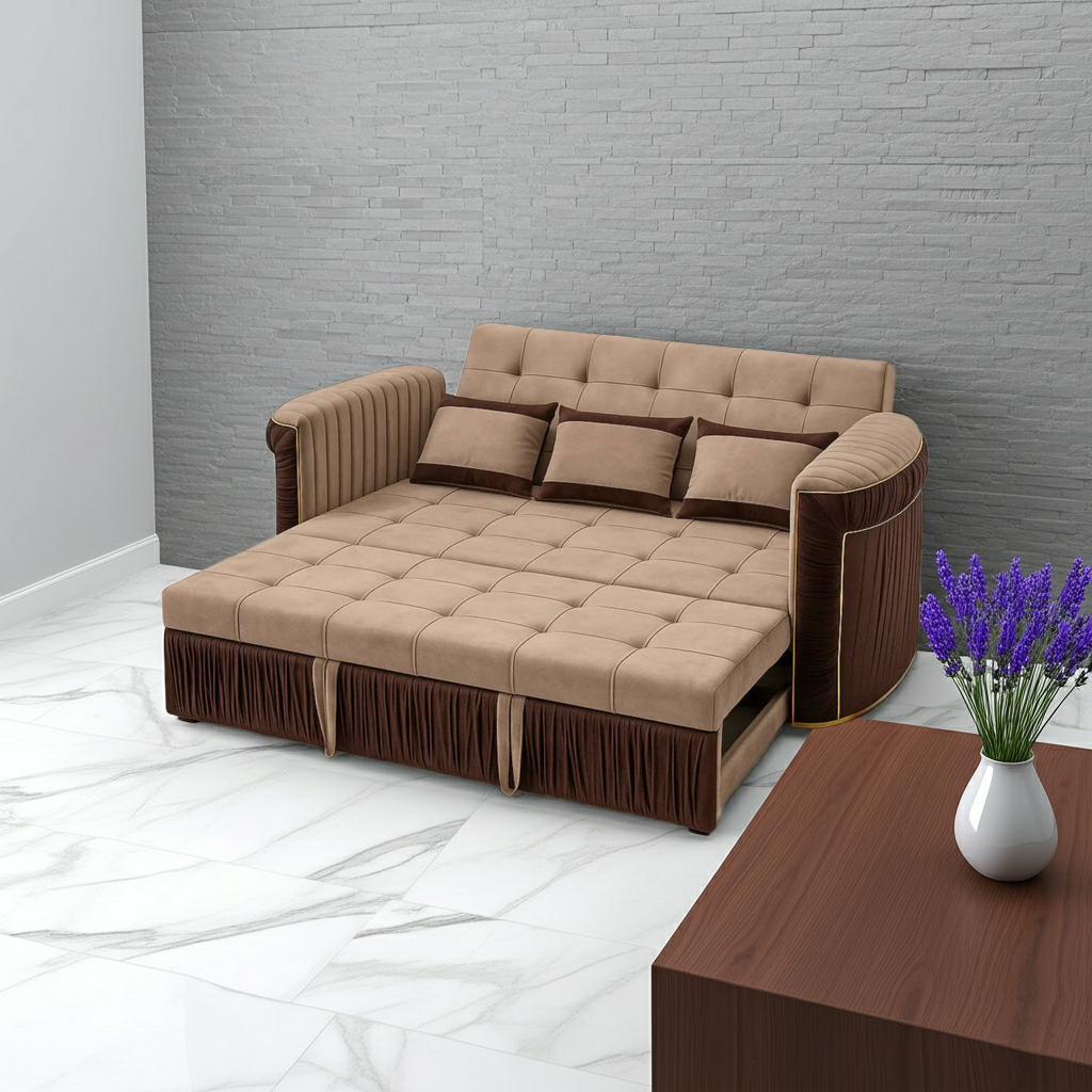 Premium Velvet Sofa Cum Bed – Space-Saving Convertible 3-Seater with Modern Piping Design