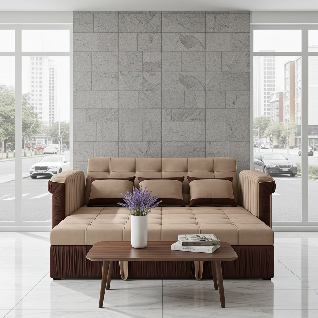 Premium Velvet Sofa Cum Bed – Space-Saving Convertible 3-Seater with Modern Piping Design