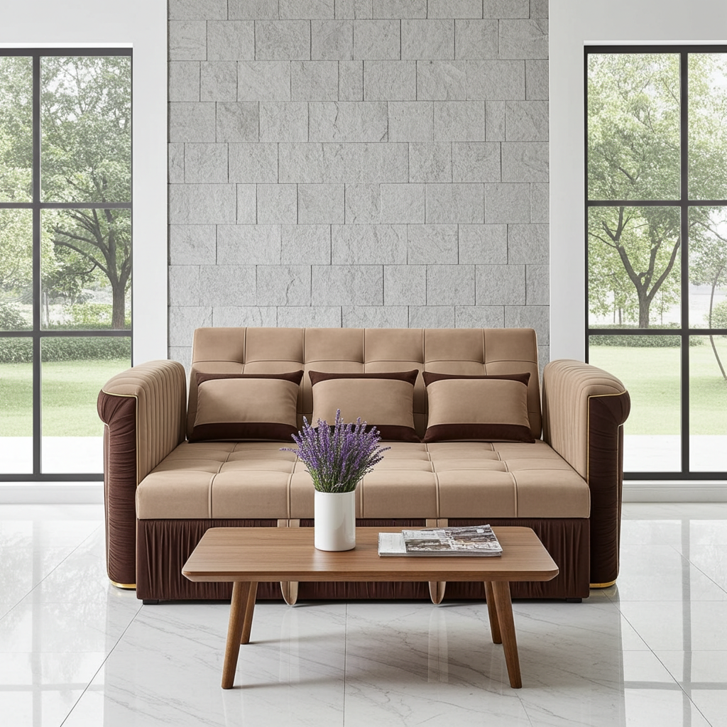 Premium Velvet Sofa Cum Bed – Space-Saving Convertible 3-Seater with Modern Piping Design