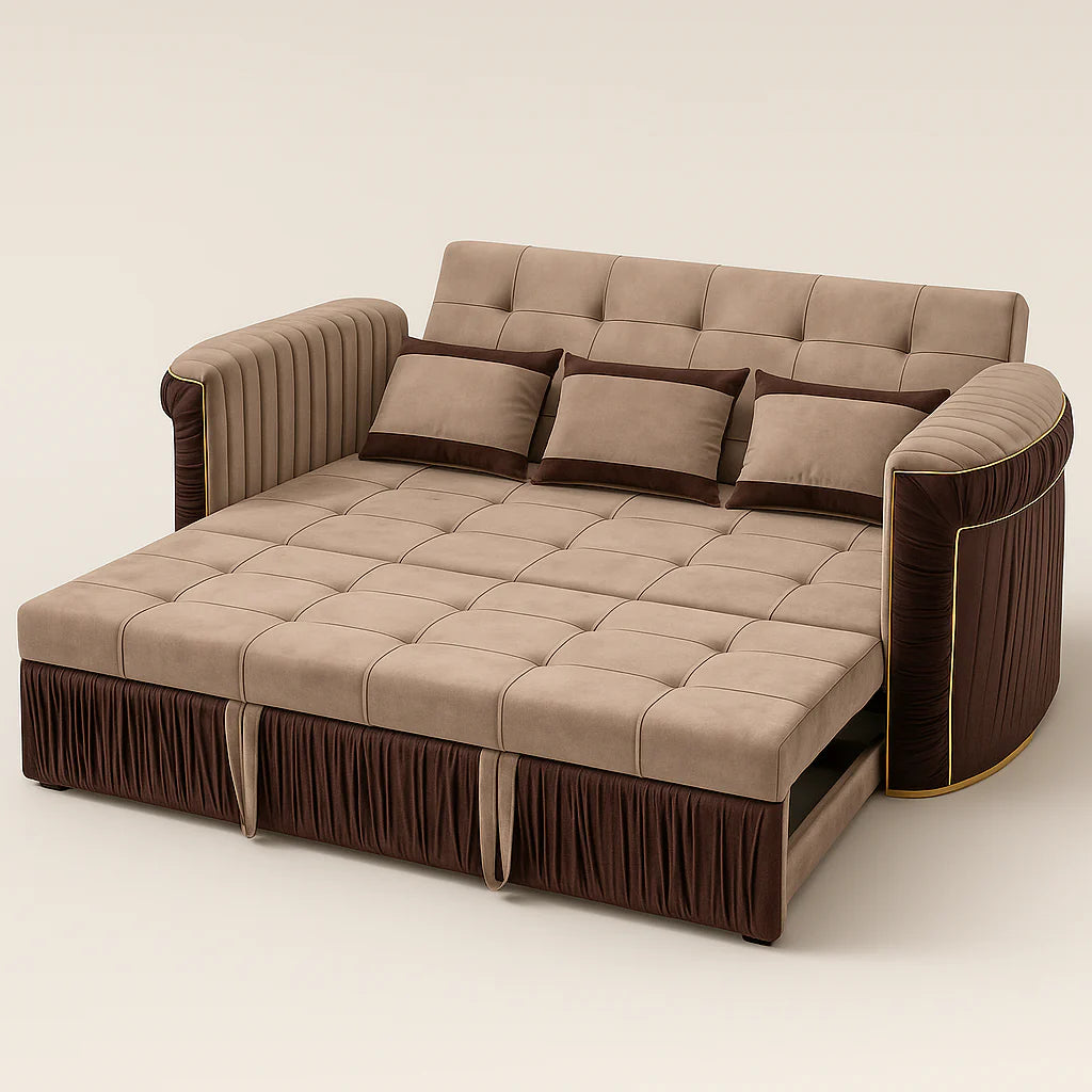 Premium Velvet Sofa Cum Bed – Space-Saving Convertible 3-Seater with Modern Piping Design