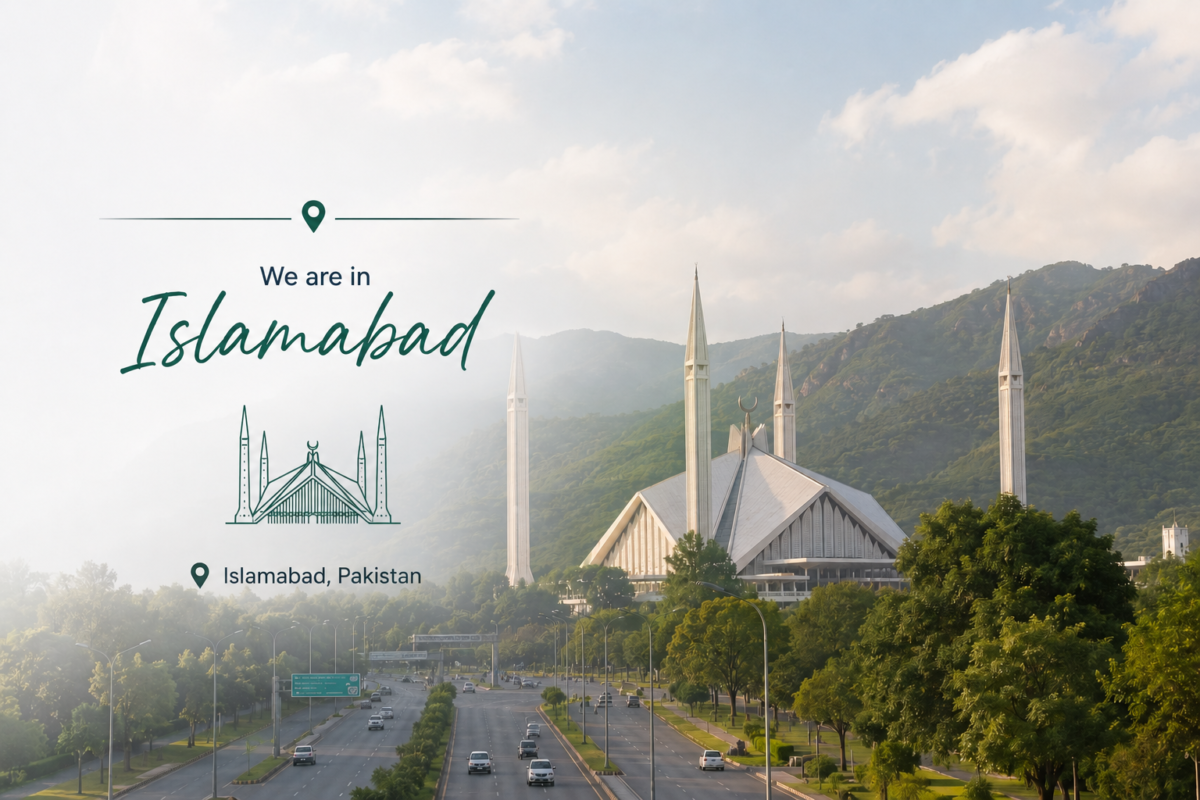 Scenic Islamabad city view featuring Faisal Mosque, Margalla Hills, and a modern road landscape with elegant location-themed design elements for Olympia Furniture contact page.