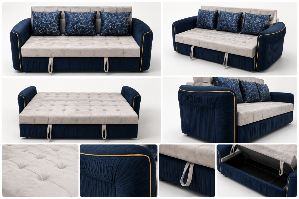 Close-up of tufted velvet upholstery, stitched cushion detailing, and premium fabric texture on luxury sofa cum bed.