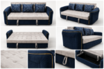 Close-up of tufted velvet upholstery, stitched cushion detailing, and premium fabric texture on luxury sofa cum bed.