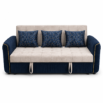Modern convertible sofa bed with deep tufted seat and pull-out bed mechanism, upholstered in beige and navy-blue velvet fabric.