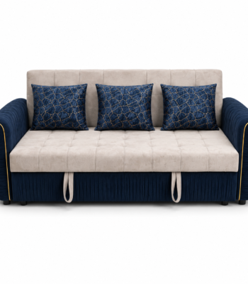Modern convertible sofa bed with deep tufted seat and pull-out bed mechanism, upholstered in beige and navy-blue velvet fabric.