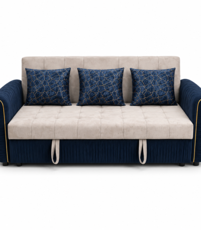 Modern convertible sofa bed with deep tufted seat and pull-out bed mechanism, upholstered in beige and navy-blue velvet fabric.