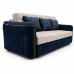 Side angle view of modern sofa cum bed featuring curved navy-blue armrests with gold piping and full-size bed extension.