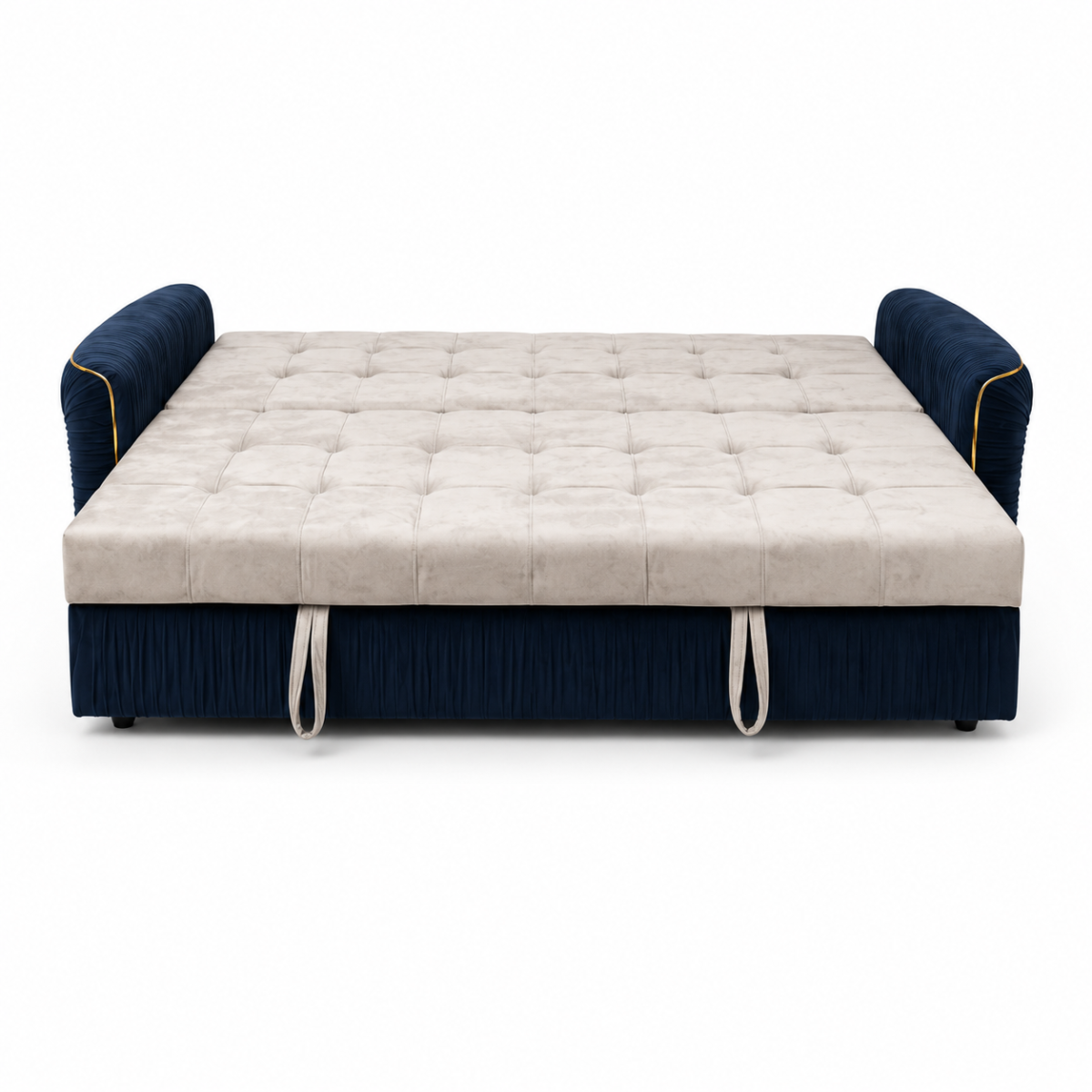 Elegant sofa cum bed displayed in a contemporary interior, transformed into a spacious sleeping surface with premium velvet upholstery and accent cushions.