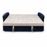 Elegant sofa cum bed displayed in a contemporary interior, transformed into a spacious sleeping surface with premium velvet upholstery and accent cushions.
