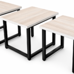 Nordic Trio Nesting Table Set featuring three modern nesting tables with light wood-grain tops and black metal frames for contemporary living rooms.
