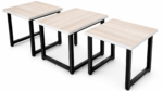 Nordic Trio Nesting Table Set featuring three modern nesting tables with light wood-grain tops and black metal frames for contemporary living rooms.
