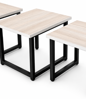 Nordic Trio Nesting Table Set featuring three modern nesting tables with light wood-grain tops and black metal frames for contemporary living rooms.