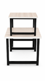Space-saving 3-piece nesting table set with light wood tops and black metal frame construction.